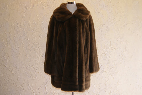 Tissavel For Country Pacer Brown Knee Length Faux Fur Coat Or Jacket Long Sleeve 1950s